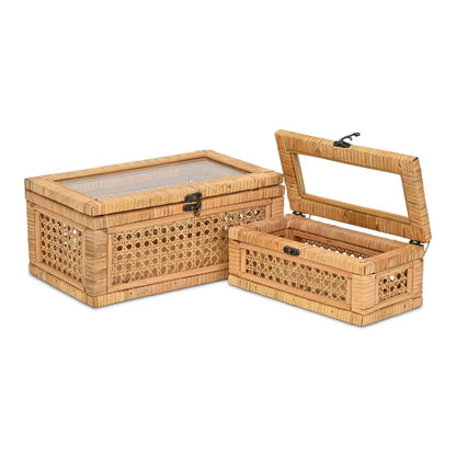 Set Of Two Natural Wood Rattan And Glass  Jewelry Boxes HomeRoots