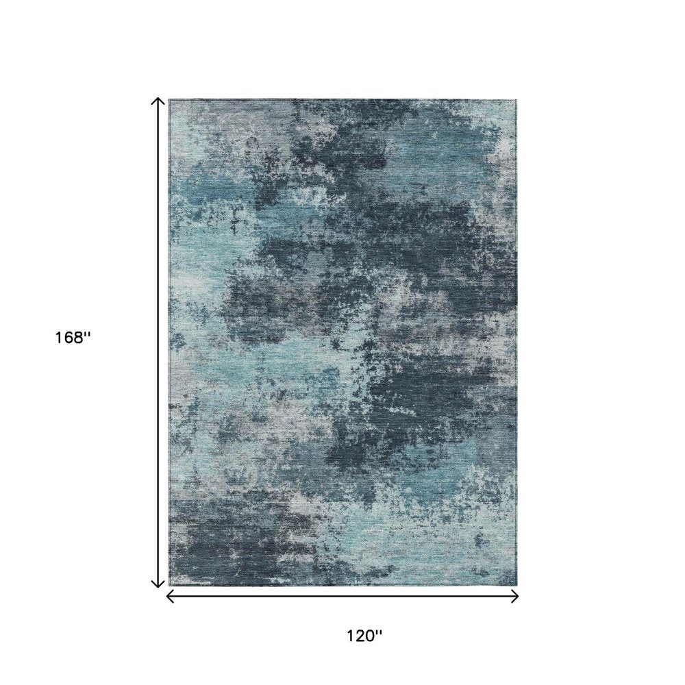 10' X 14' Teal Blue And Navy Blue Abstract Washable Indoor Outdoor Area Rug — view 5