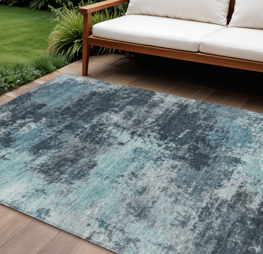 10' X 14' Teal Blue And Navy Blue Abstract Washable Indoor Outdoor Area Rug — view 7