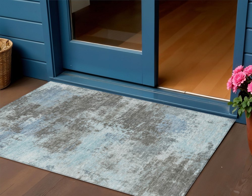 3' X 5' Taupe And Sky Blue Abstract Washable Indoor Outdoor Area Rug — view 1