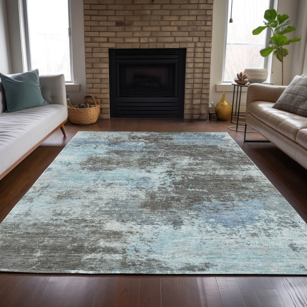 3' X 5' Taupe And Sky Blue Abstract Washable Indoor Outdoor Area Rug HomeRoots