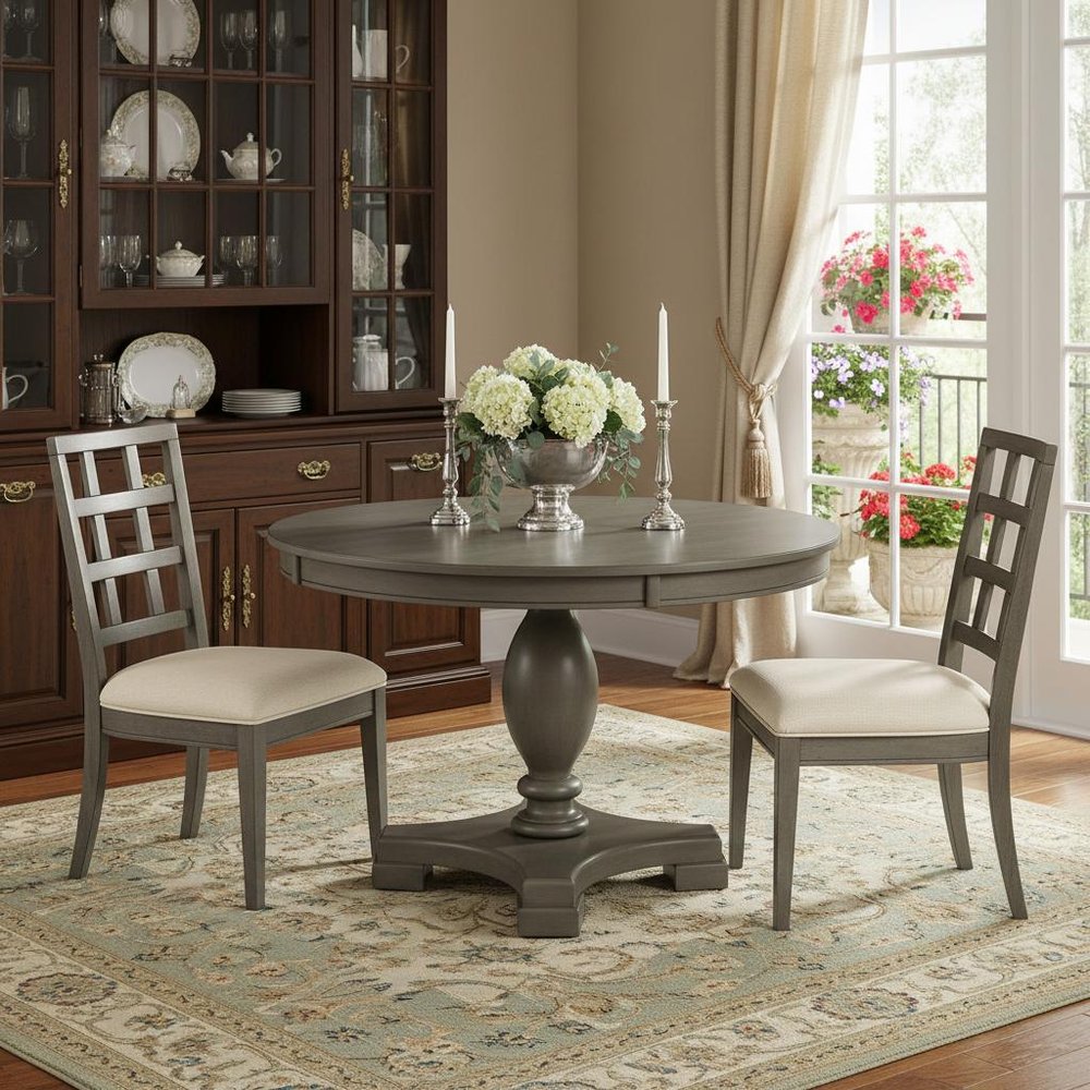 48" Gray Wood Pedestal Base Round Top Dining Table — view 6