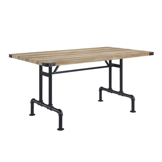 64" Oak and Black Wood and Iron Trestle Base Dining Table