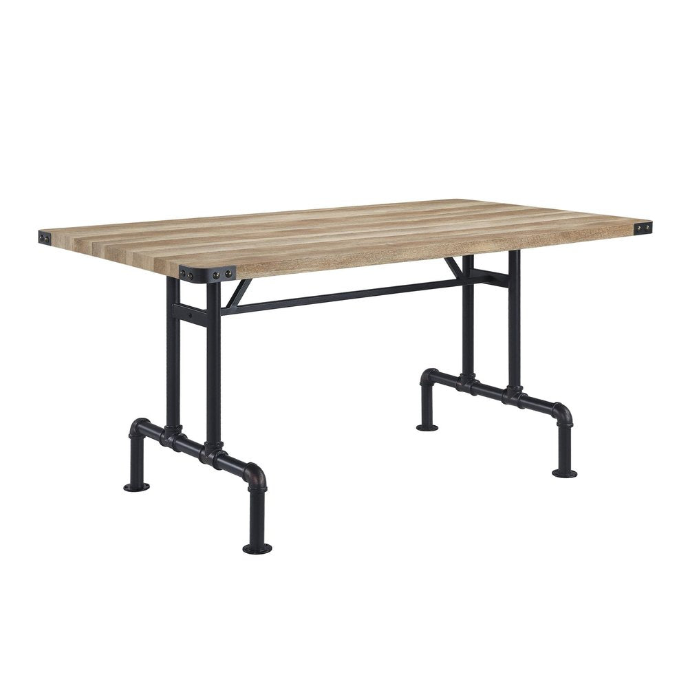 64" Oak and Black Wood and Iron Trestle Base Dining Table HomeRoots