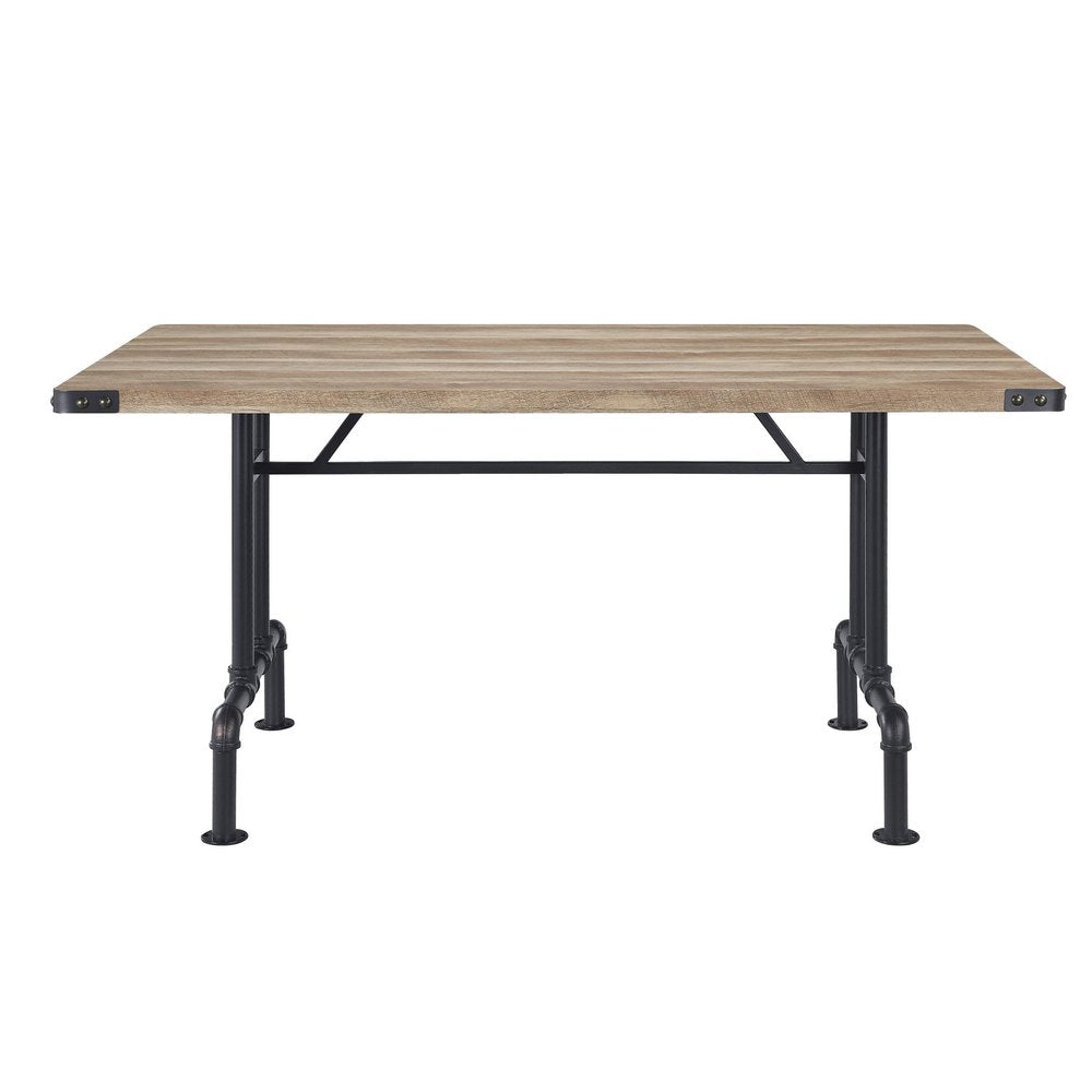 64" Oak and Black Wood and Iron Trestle Base Dining Table — view 2