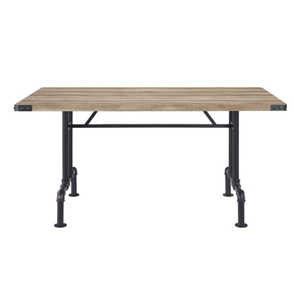 64" Oak and Black Wood and Iron Trestle Base Dining Table