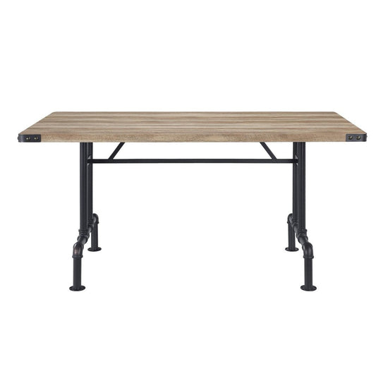 64" Oak and Black Wood and Iron Trestle Base Dining Table