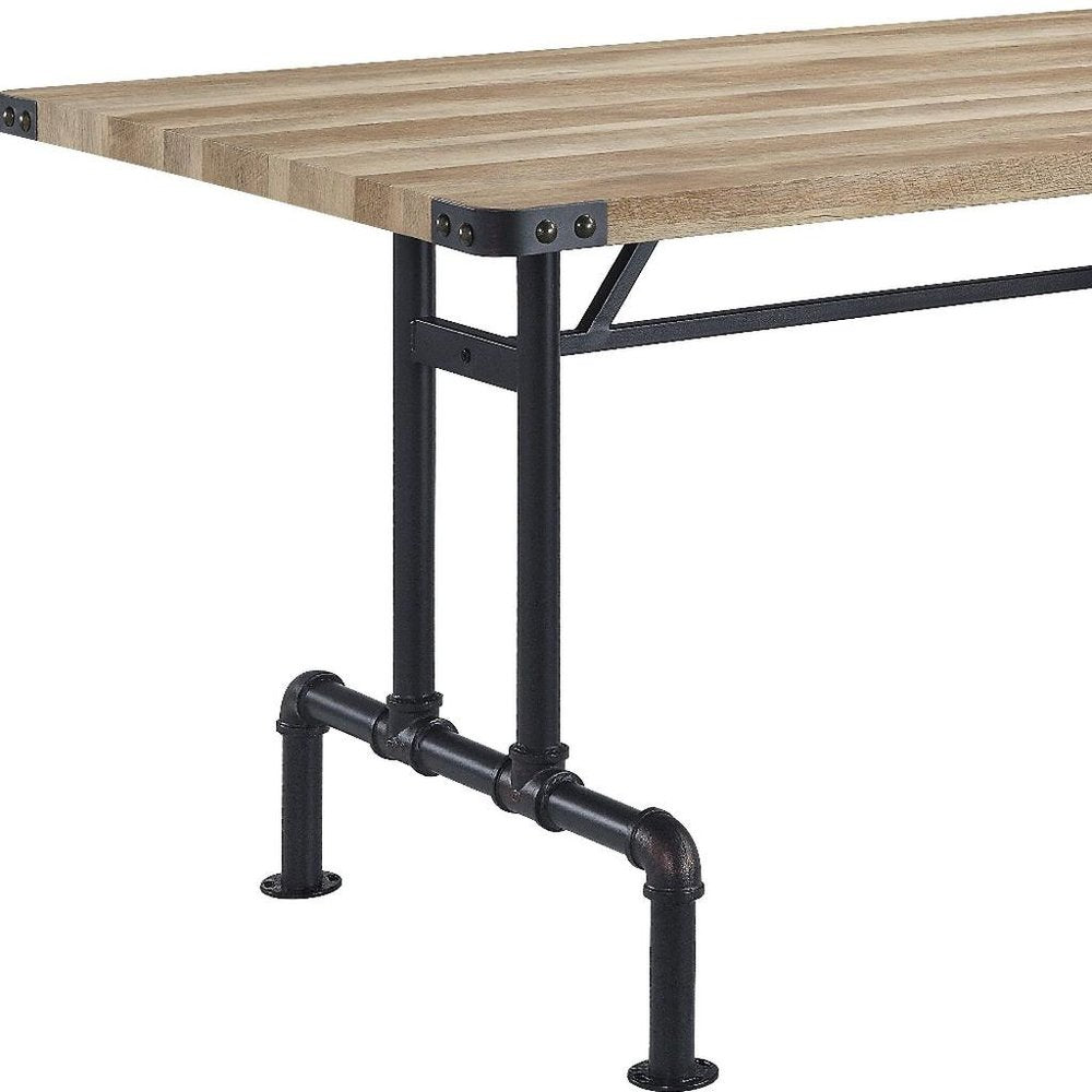 64" Oak and Black Wood and Iron Trestle Base Dining Table HomeRoots