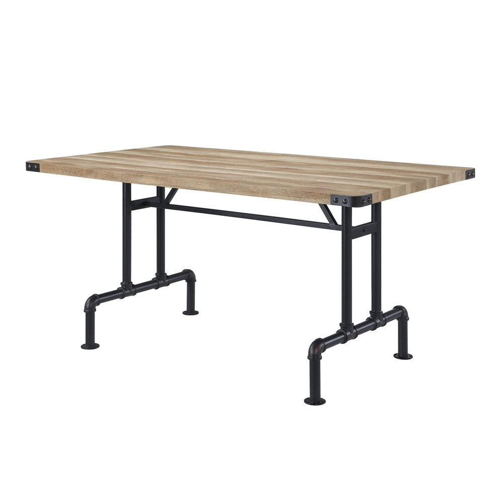64" Oak and Black Wood and Iron Trestle Base Dining Table — view 5