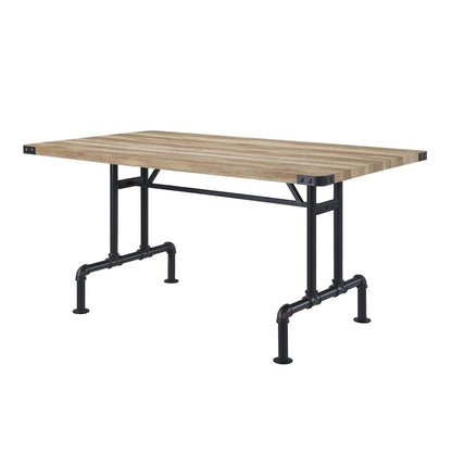 64" Oak and Black Wood and Iron Trestle Base Dining Table