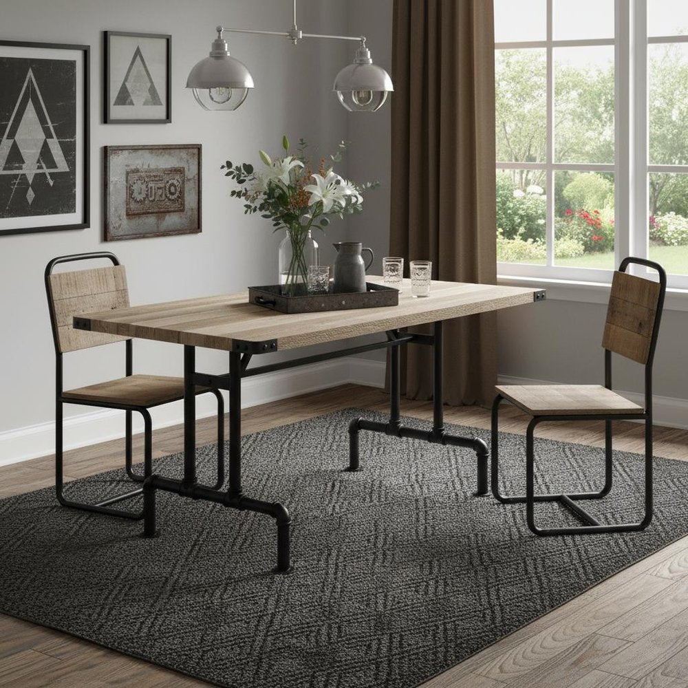 64" Oak and Black Wood and Iron Trestle Base Dining Table HomeRoots