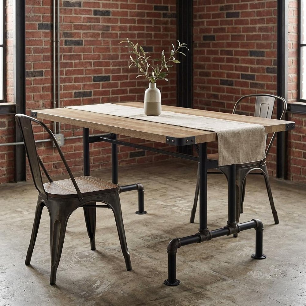 64" Oak and Black Wood and Iron Trestle Base Dining Table — view 8