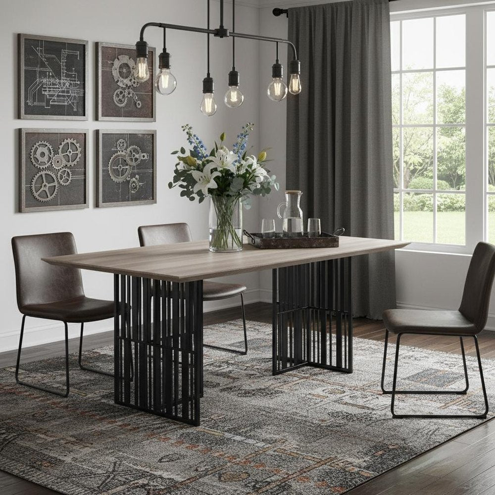 72" Oak And Black Wood And Iron Double Pedestal Base Dining Table HomeRoots