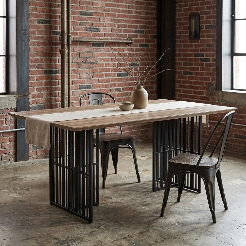 72" Oak And Black Wood And Iron Double Pedestal Base Dining Table