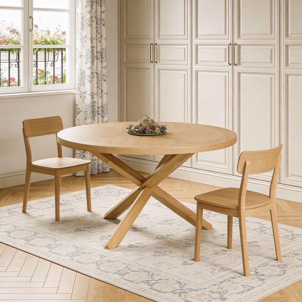 54" Oak Wood Cross Leg Base Round Top Dining Table — view 7