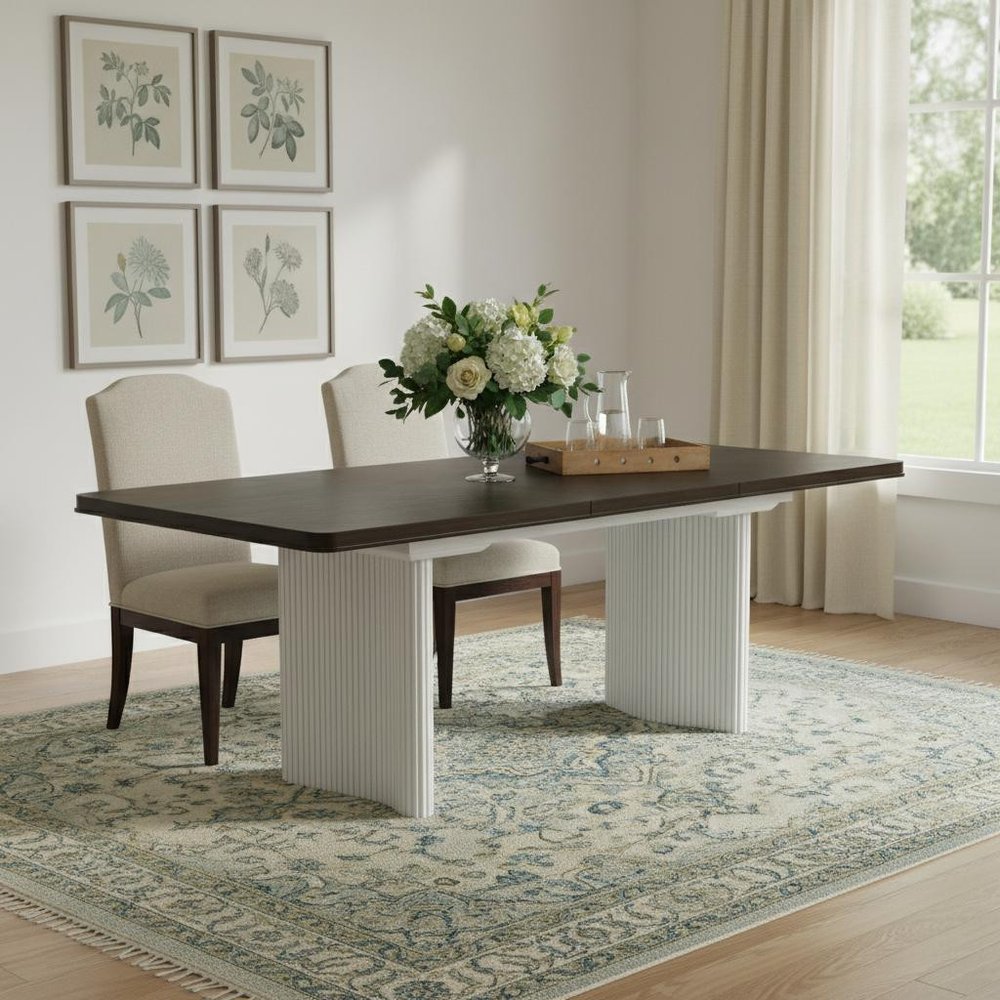 78" Walnut and White Wood Removable Leaf Double Pedestal Base Extendable Dining Table — view 7
