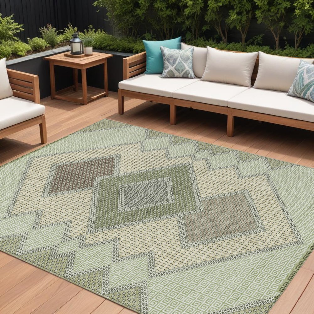 10' X 14' Green Gray And Taupe Geometric Washable Indoor Outdoor Area Rug HomeRoots
