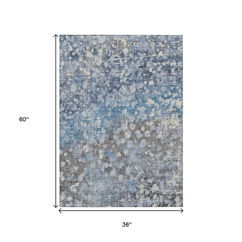 3' X 5' Blue And Gray Abstract Washable Indoor Outdoor Area Rug