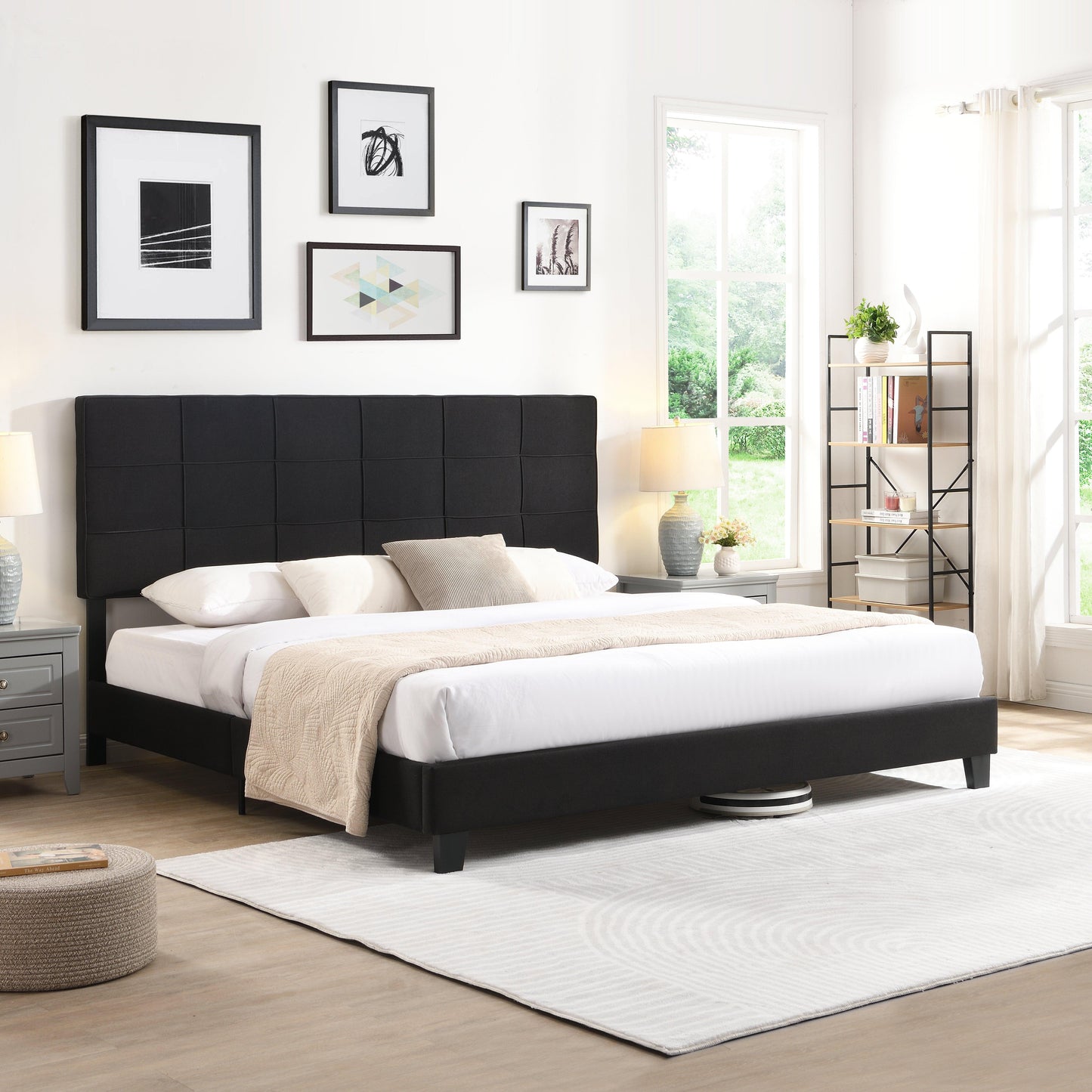 King Size Upholstered Platform Bed Frame with Linen Fabric Headboard BLACK - FurniFindUSA