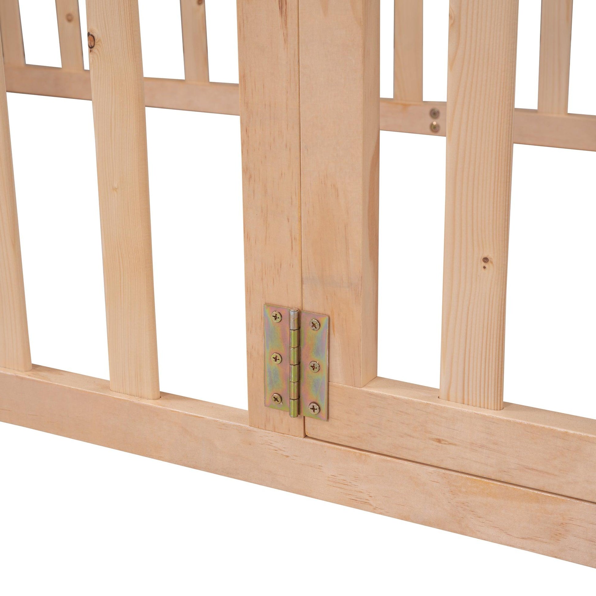 Twin Size Wood Floor Bed Frame with Fence and Door Natural - FurniFindUSA