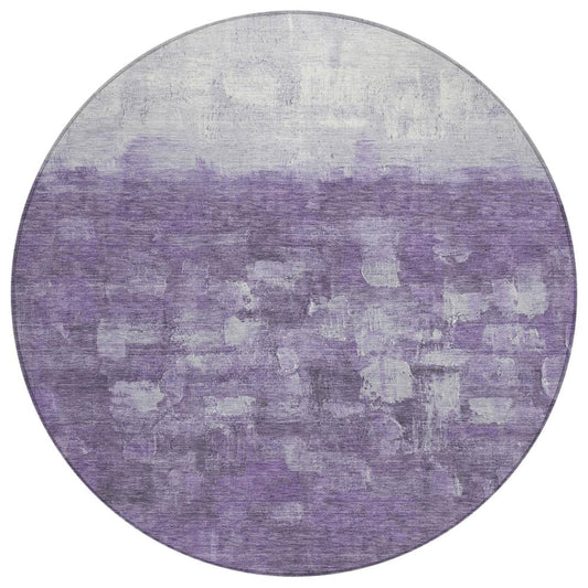 8' Purple And Silver Round Abstract Washable Indoor Outdoor Area Rug