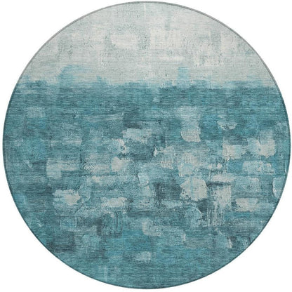 8' Teal Blue And Silver Round Abstract Washable Indoor Outdoor Area Rug