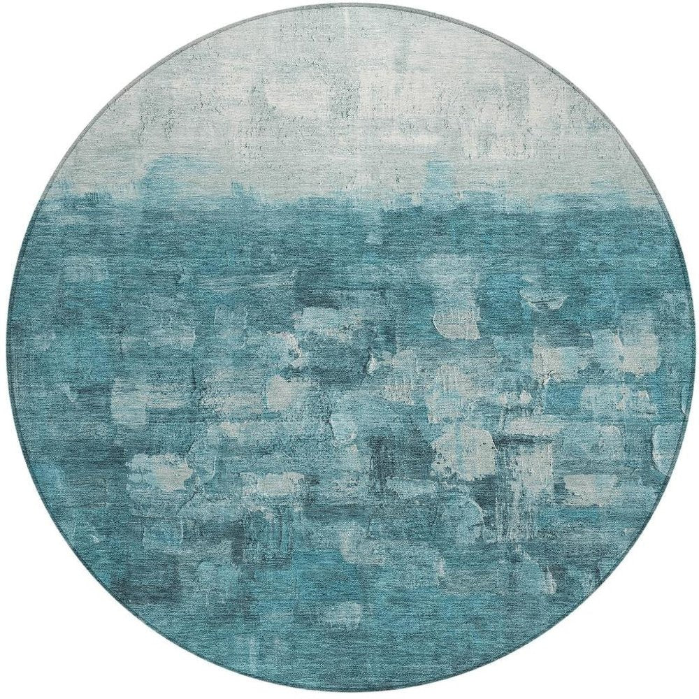 8' Teal Blue And Silver Round Abstract Washable Indoor Outdoor Area Rug HomeRoots