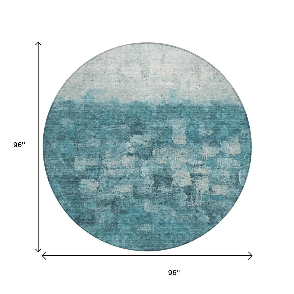 8' Teal Blue And Silver Round Abstract Washable Indoor Outdoor Area Rug — view 9