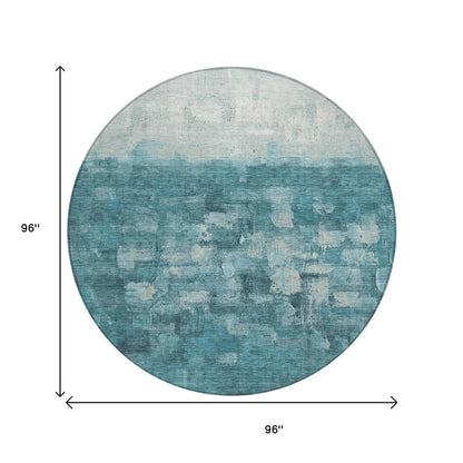 8' Teal Blue And Silver Round Abstract Washable Indoor Outdoor Area Rug HomeRoots