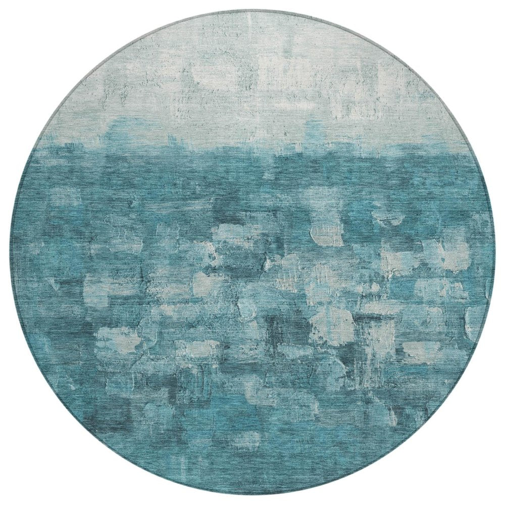 8' Teal Blue And Silver Round Abstract Washable Indoor Outdoor Area Rug HomeRoots