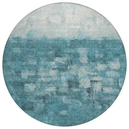 8' Teal Blue And Silver Round Abstract Washable Indoor Outdoor Area Rug HomeRoots