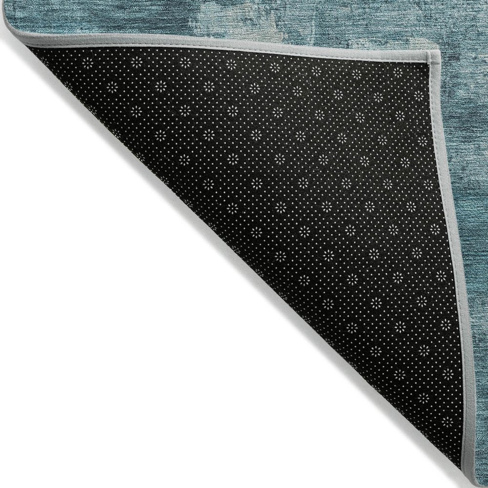 8' Teal Blue And Silver Round Abstract Washable Indoor Outdoor Area Rug — view 3