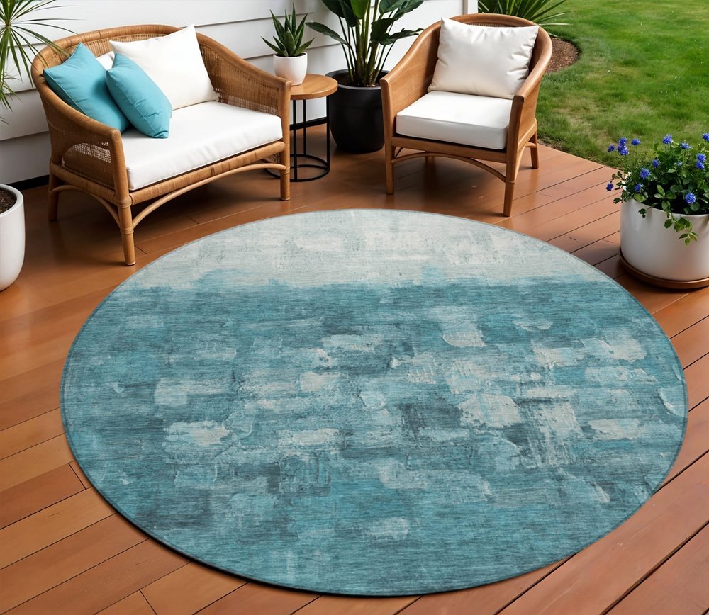 8' Teal Blue And Silver Round Abstract Washable Indoor Outdoor Area Rug — view 13