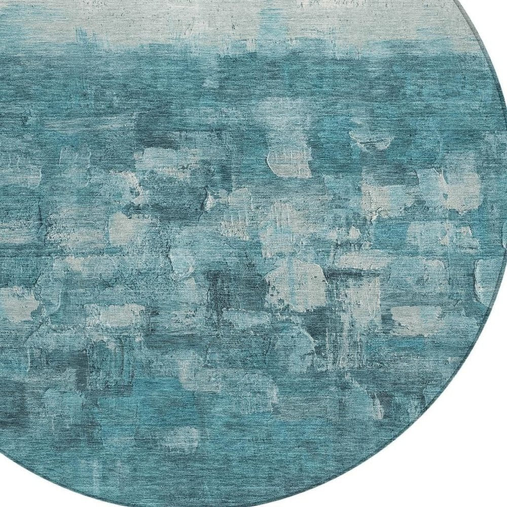8' Teal Blue And Silver Round Abstract Washable Indoor Outdoor Area Rug HomeRoots