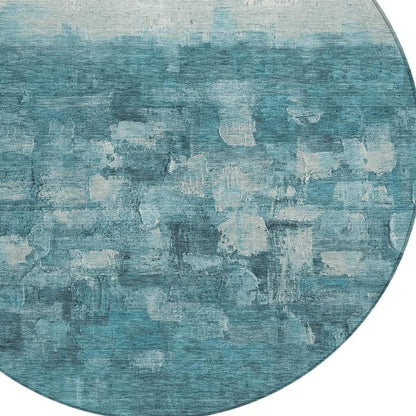 8' Teal Blue And Silver Round Abstract Washable Indoor Outdoor Area Rug HomeRoots