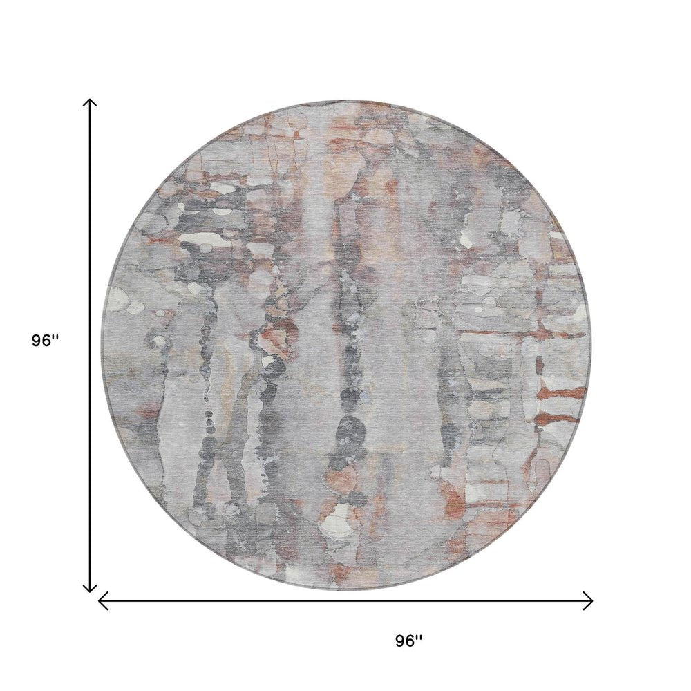 8' Copper And Gray Round Abstract Washable Indoor Outdoor Area Rug — view 8