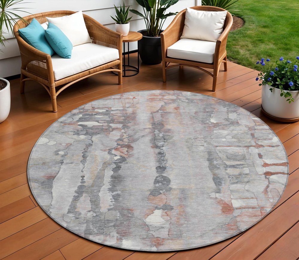 8' Copper And Gray Round Abstract Washable Indoor Outdoor Area Rug HomeRoots