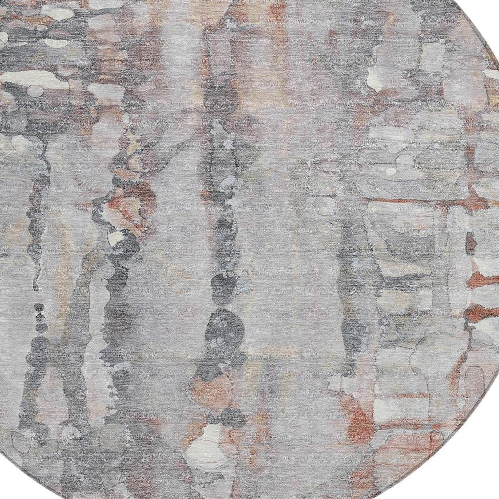8' Copper And Gray Round Abstract Washable Indoor Outdoor Area Rug — view 6