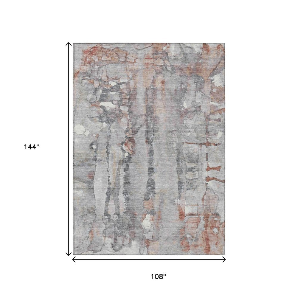 9' X 12' Copper And Gray Abstract Washable Indoor Outdoor Area Rug