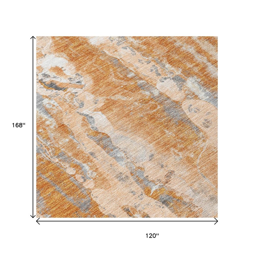 10' X 14' Orange And Gray Abstract Washable Indoor Outdoor Area Rug