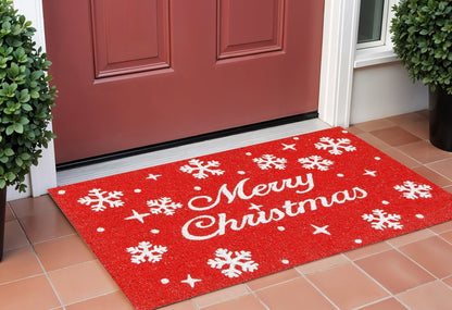 24" X 36" Red And White Christmas Snowflake Merry Christmas Outdoor Coir Door Mat HomeRoots