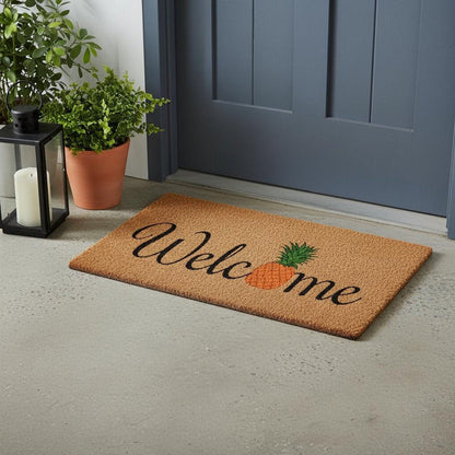 17" X 29" Natural And Black Pineapple Welcome Outdoor Coir Door Mat HomeRoots