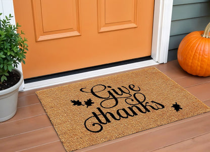 24" X 36" Natural And Brown Thanksgiving Give Thanks Outdoor Coir Door Mat HomeRoots