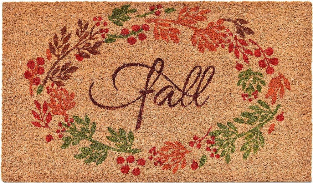 17" X 29" Natural Green And Orange Fall Leaves Coir Outdoor Door Mat — view 1