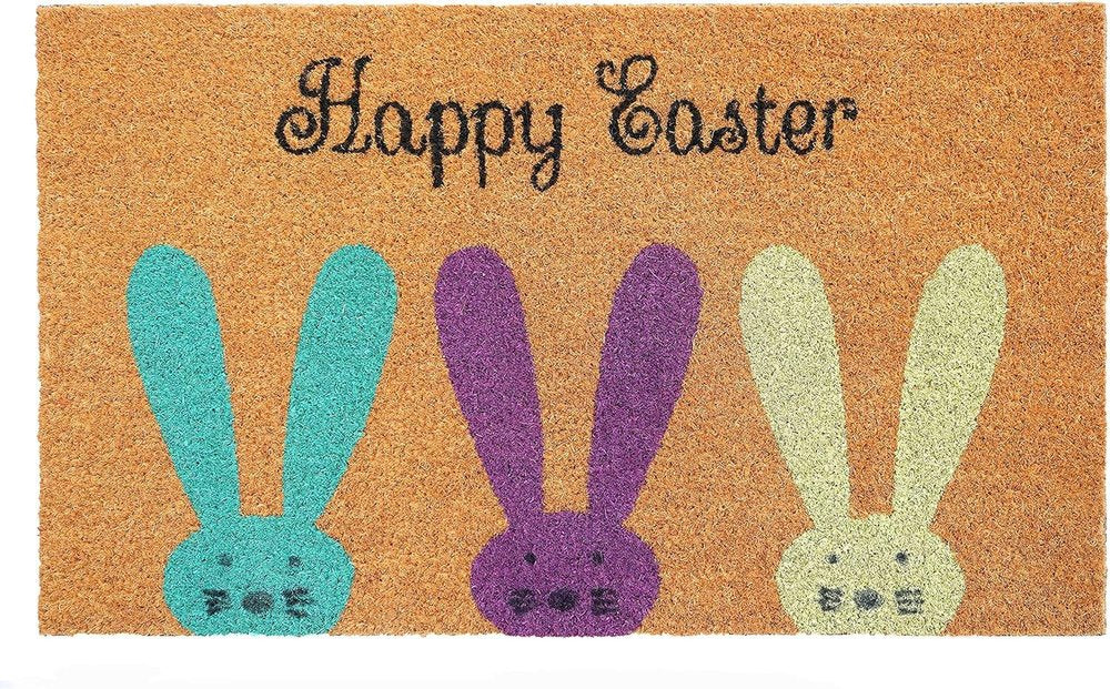 17" X 29" Natural Aqua And Purple Bunny Happy Easter Coir Outdoor Door Mat — view 1