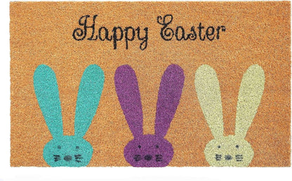 17" X 29" Natural Aqua And Purple Bunny Happy Easter Coir Outdoor Door Mat