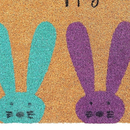 17" X 29" Natural Aqua And Purple Bunny Happy Easter Coir Outdoor Door Mat
