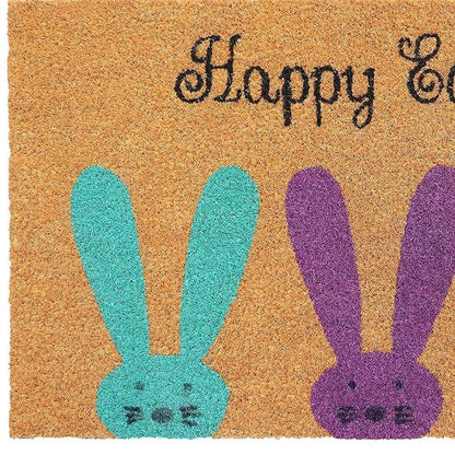 17" X 29" Natural Aqua And Purple Bunny Happy Easter Coir Outdoor Door Mat