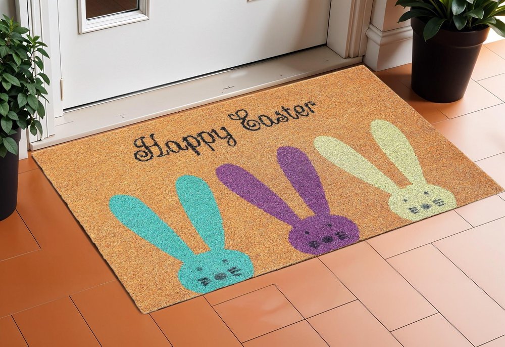 17" X 29" Natural Aqua And Purple Bunny Happy Easter Coir Outdoor Door Mat — view 5