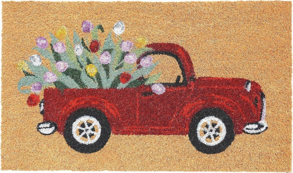 17" X 29" Natural And Red Floral Outdoor Coir Door Mat HomeRoots